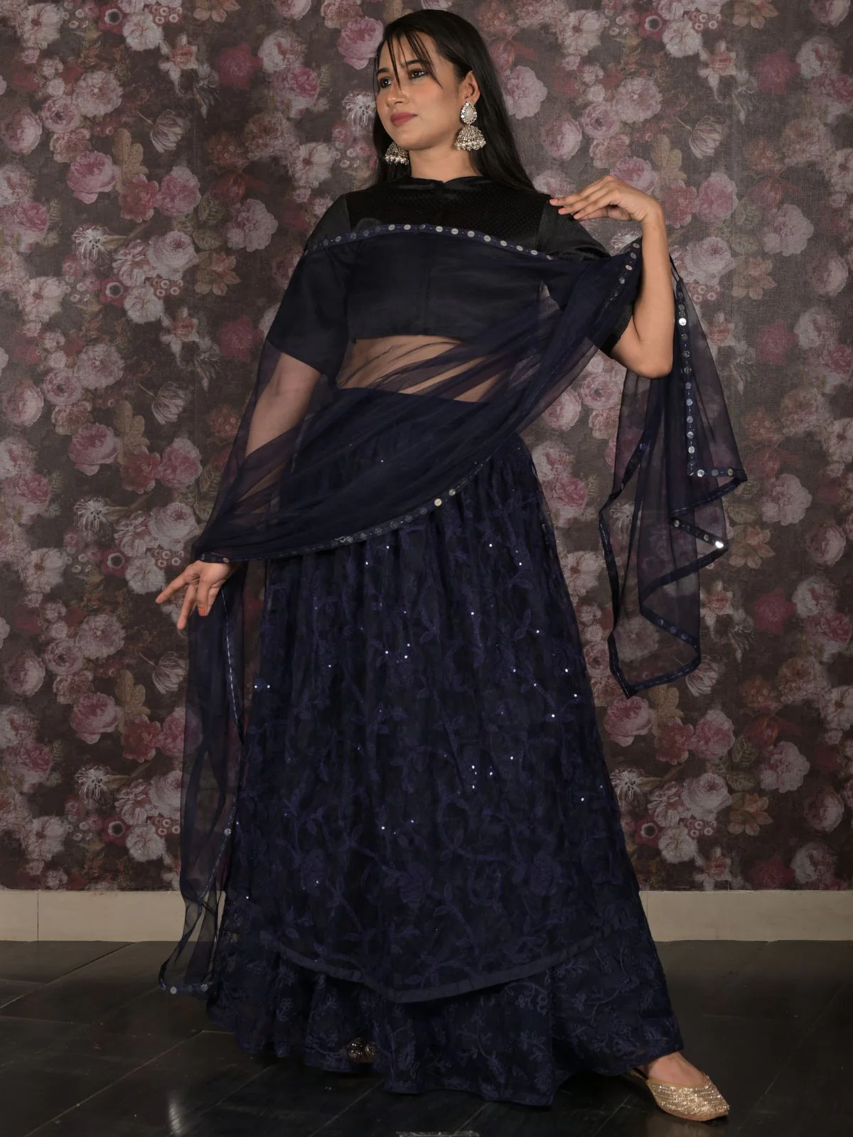 Odette Navy Blue Embroidered Semi Stitched Net Lehenga Set With Dupatta And Unstitched Blouse For Women - Image 2