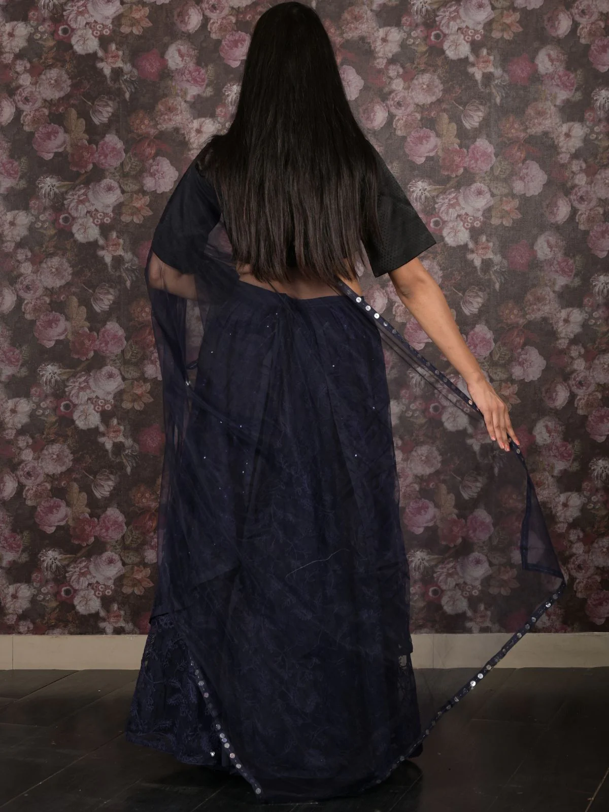 Odette Navy Blue Embroidered Semi Stitched Net Lehenga Set With Dupatta And Unstitched Blouse For Women - Image 4
