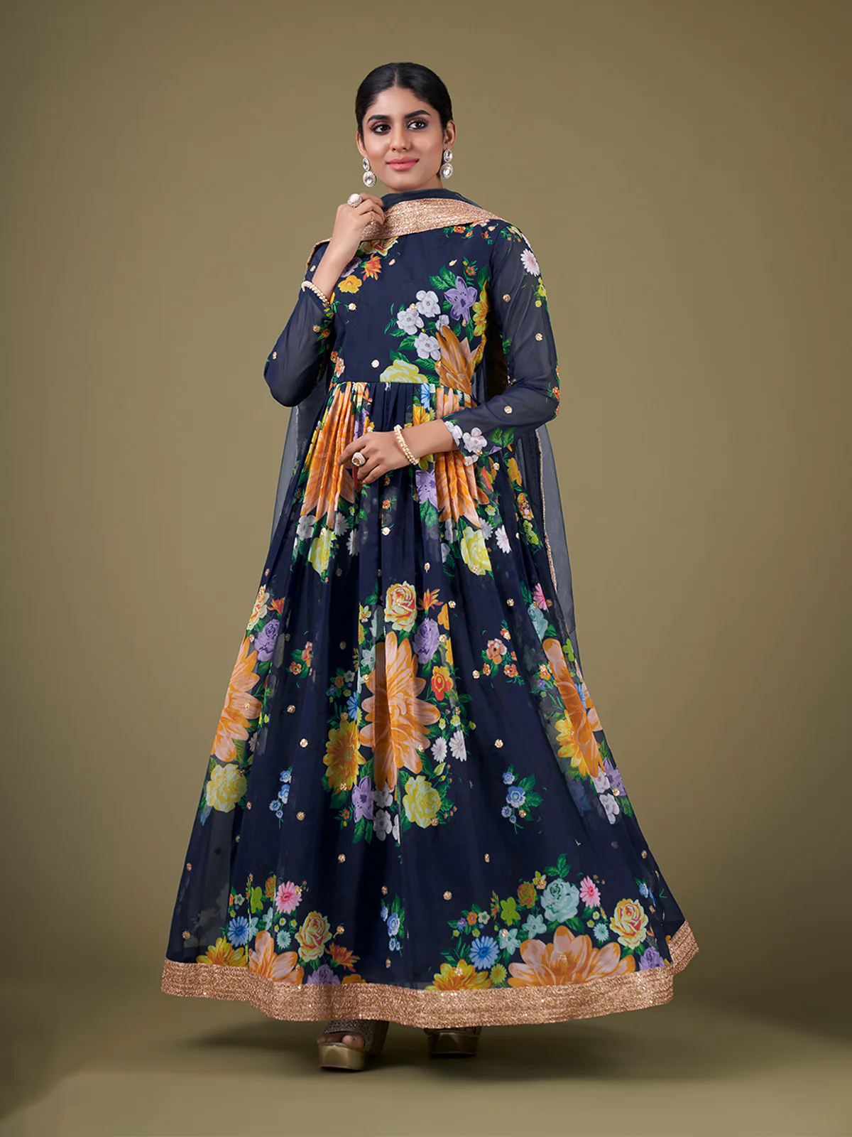 Odette Navy Blue Faux Georgette Printed Semi Stitched Anarkali Kurta Set For Women - Image 2