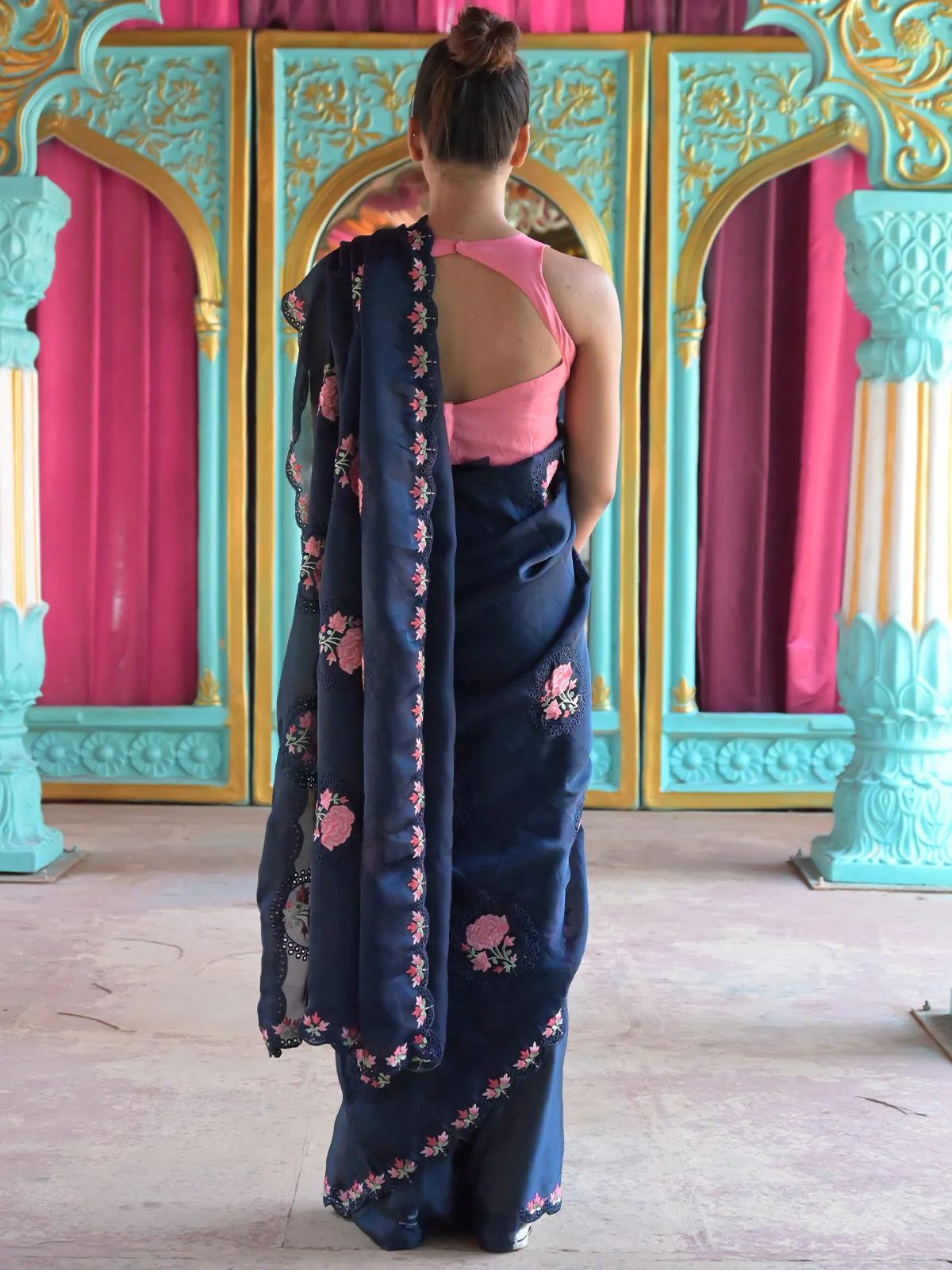 Odette Navy Blue Floral Embroidered Georgette Saree with Unstitched Blouse for Women - Image 3