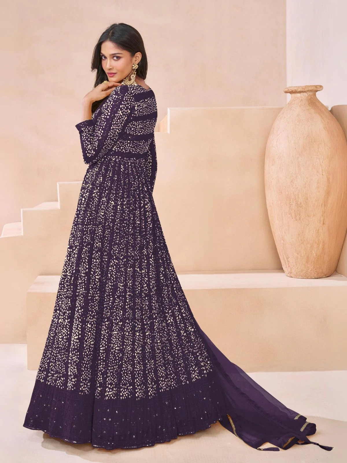 Odette Purple Georgette Embellished Semi Stitched Kurta Set For Women - Image 2
