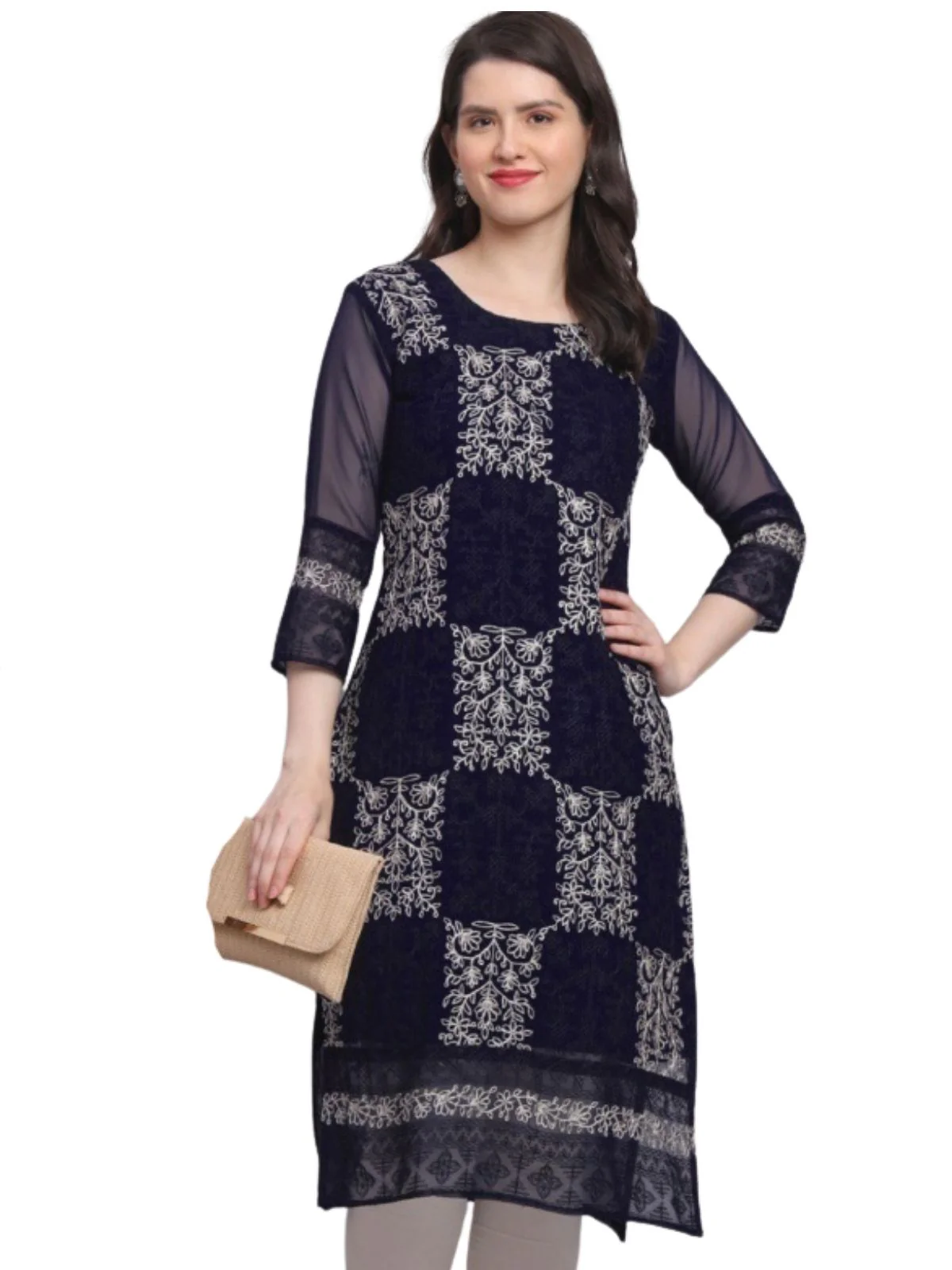 Odette Navy Blue Georgette Embroidered Kurti For Women - Image 2