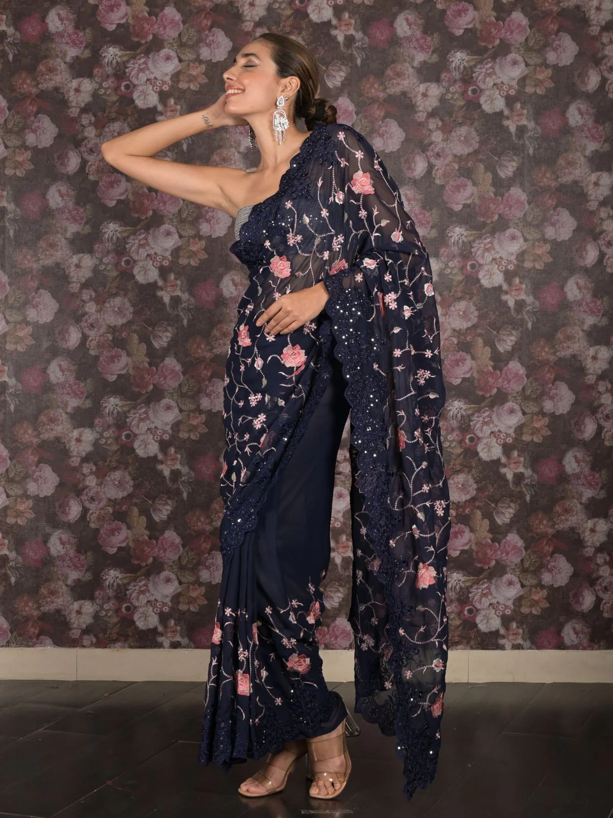 Odette Navy Blue Georgette Embroidered Saree With Unstitched Blouse For Women - Image 2