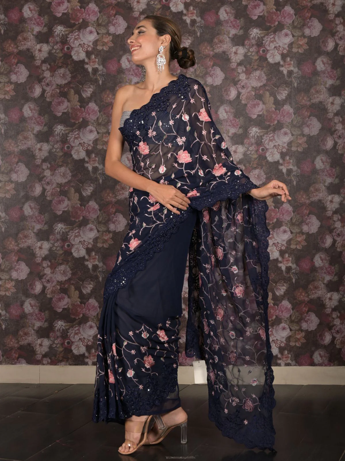 Odette Navy Blue Georgette Embroidered Saree With Unstitched Blouse For Women - Image 3
