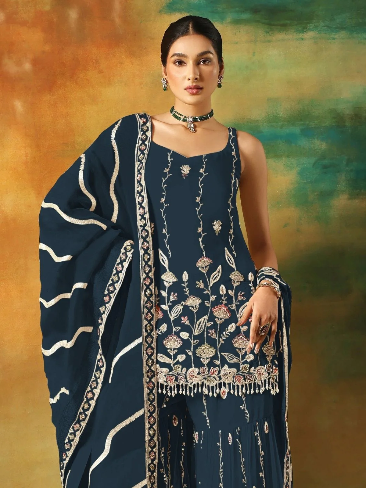Odette Navy Blue Georgette Embroidered Semi-Sitched Kurta Set For Women - Image 2