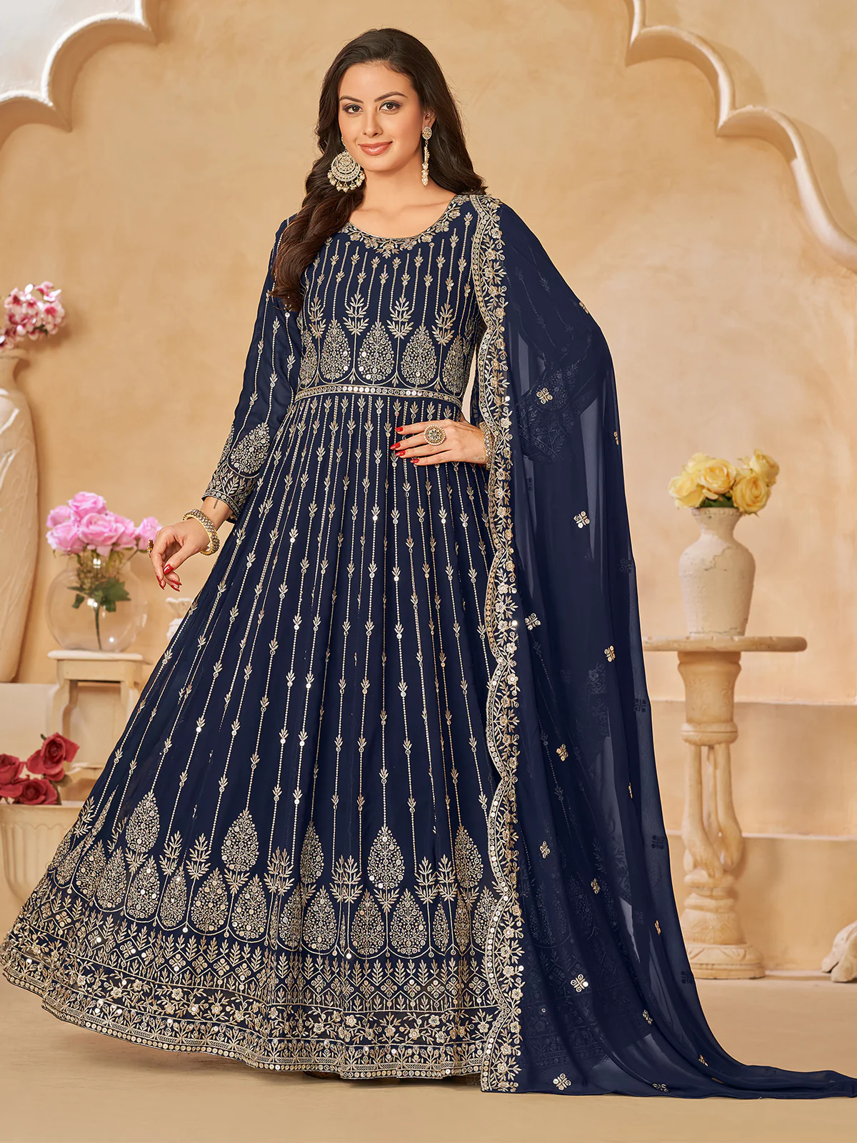 Odette Navy Blue Georgette Embroidered Semi stitched Kurta Set For Women - Image 2