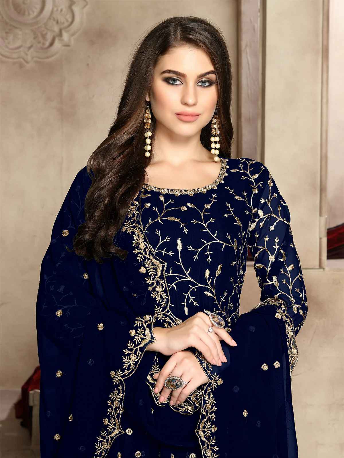 Odette Navy Blue Georgette Embroidered Semi stitched Kurta Set For Women - Image 2