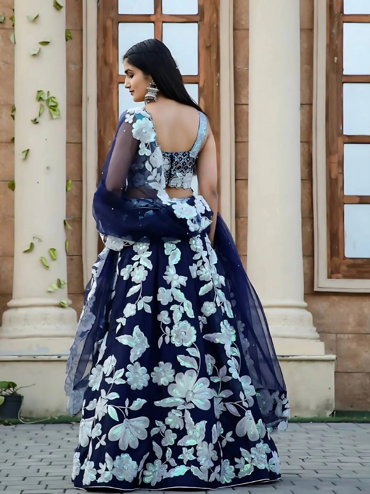 Odette Navy Blue Georgette Embroidered Semi-Stitched Lehenga For Women - Image 2