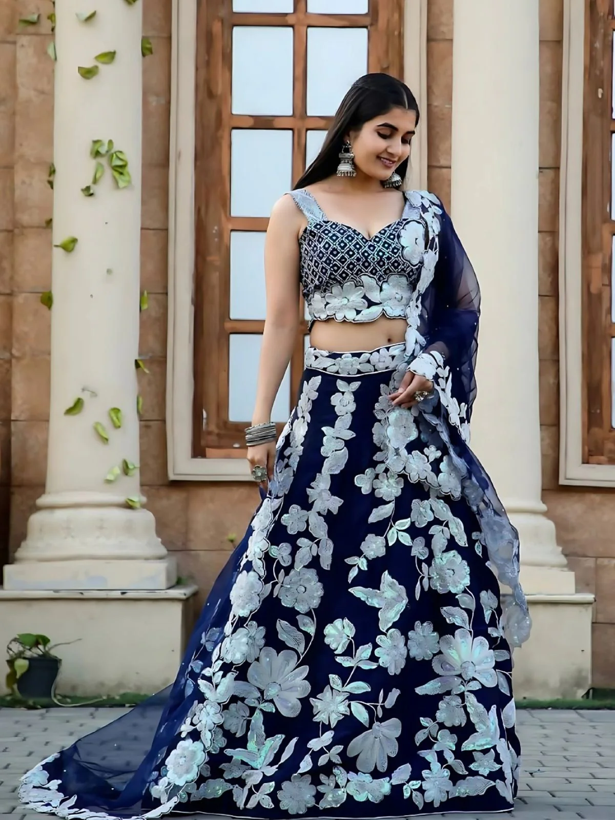 Odette Navy Blue Georgette Embroidered Semi-Stitched Lehenga For Women - Image 3