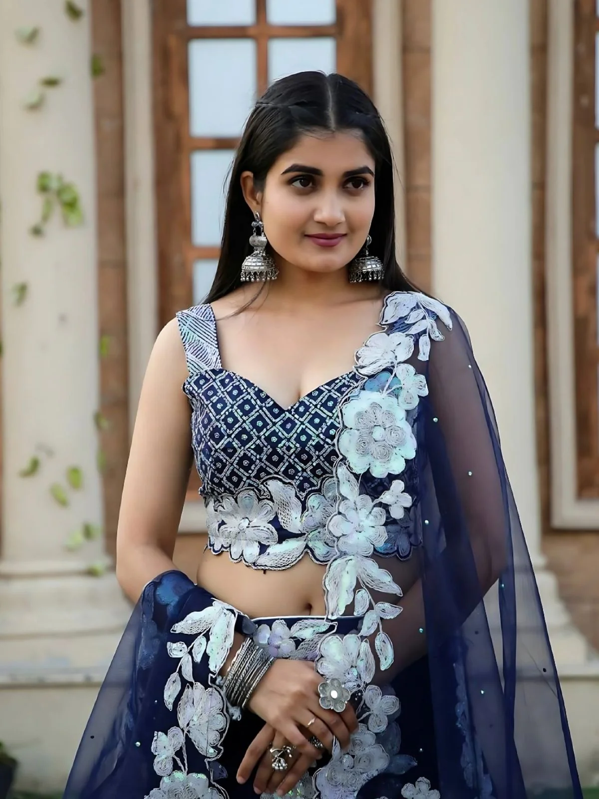 Odette Navy Blue Georgette Embroidered Semi-Stitched Lehenga For Women - Image 5