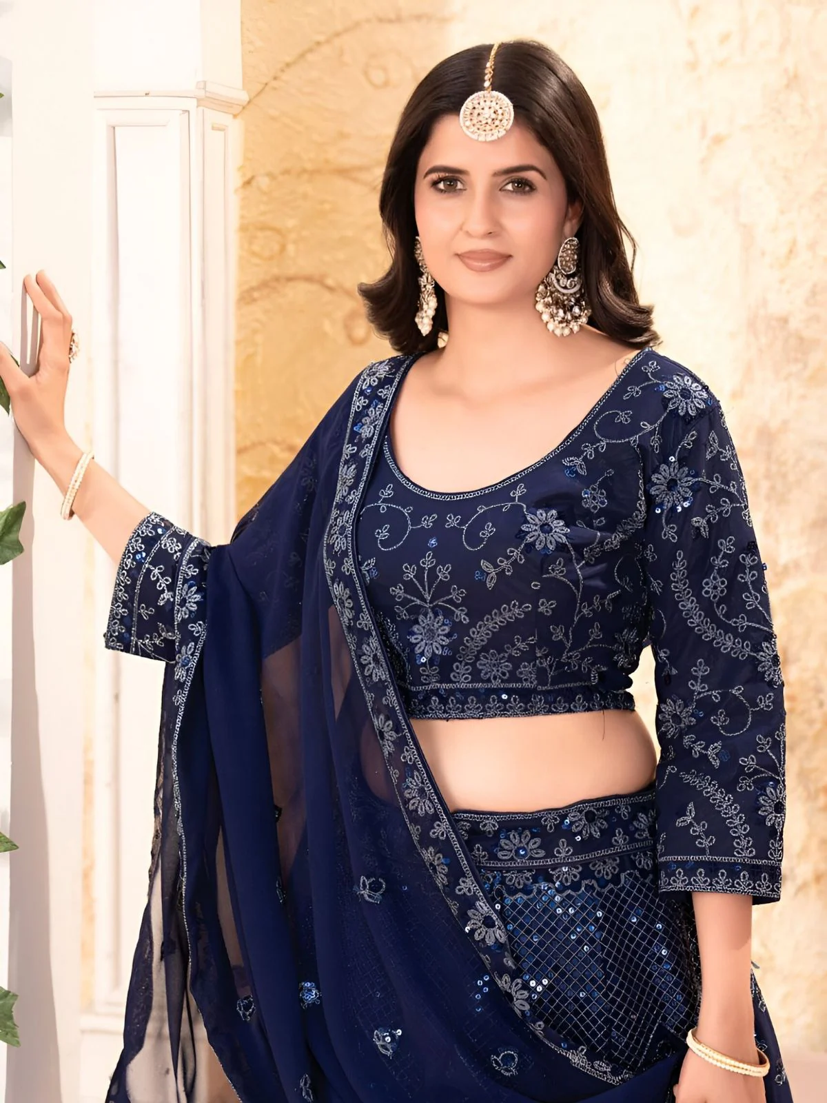 Odette Navy Blue Georgette Embroidered Semi-Stitched lehenga For Women - Image 3
