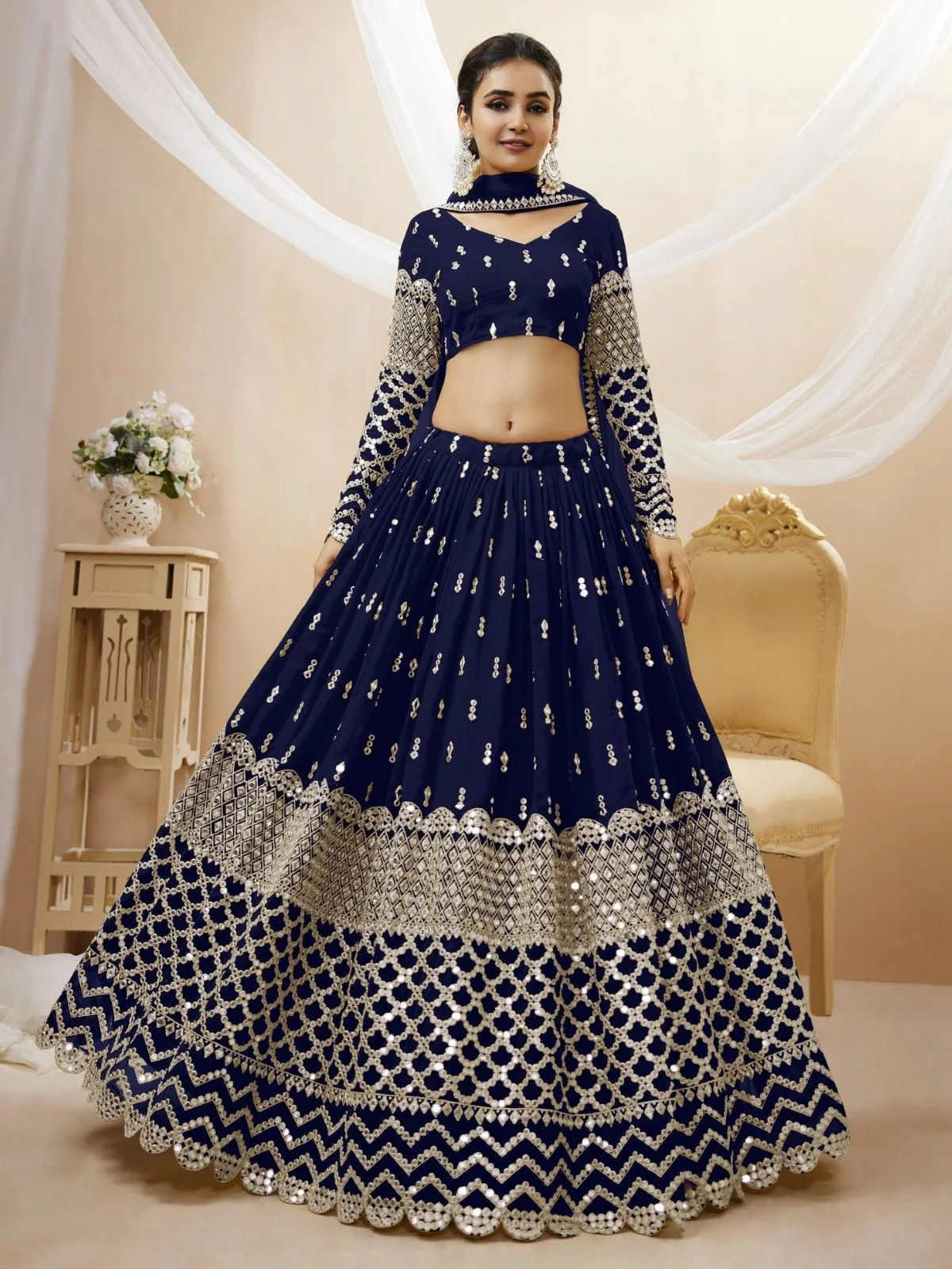 Odette Navy Blue Georgette Embroidered Semi Stitched Lehenga With Unstitched Blouse For Women - Image 2