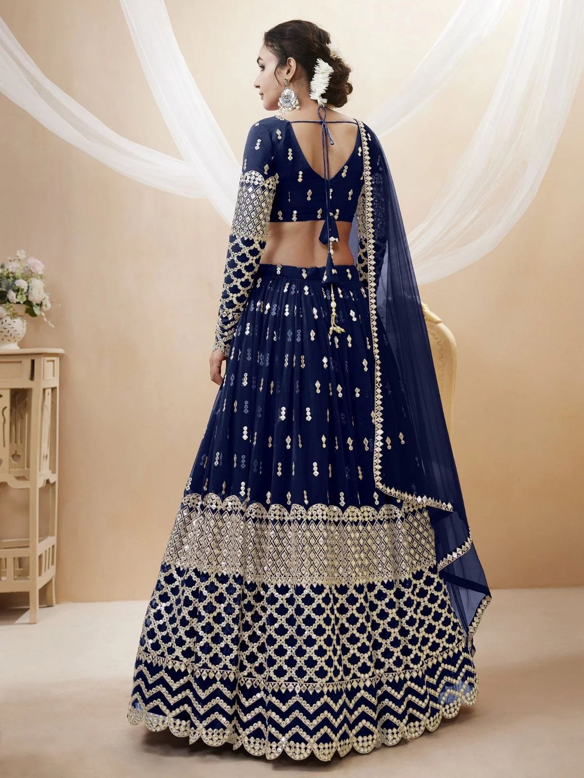Odette Navy Blue Georgette Embroidered Semi Stitched Lehenga With Unstitched Blouse For Women - Image 3
