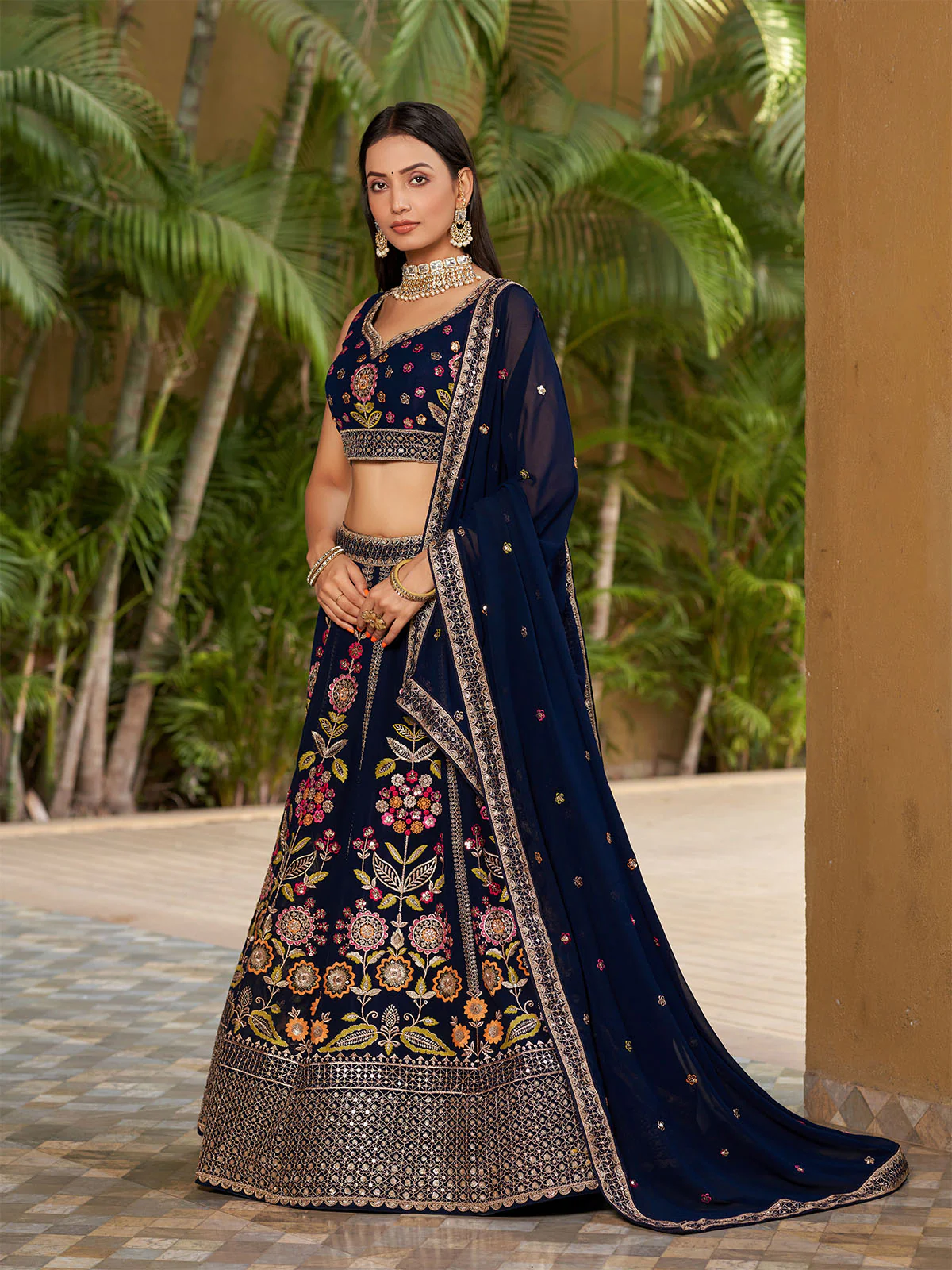 Odette Navy Blue Georgette Embroidered Semi Stitched Lehenga With Unstitched Blouse For Women - Image 3