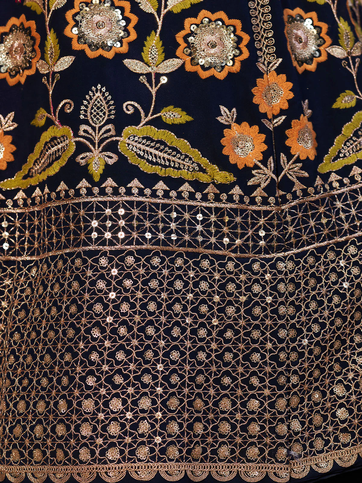 Odette Navy Blue Georgette Embroidered Semi Stitched Lehenga With Unstitched Blouse For Women - Image 7