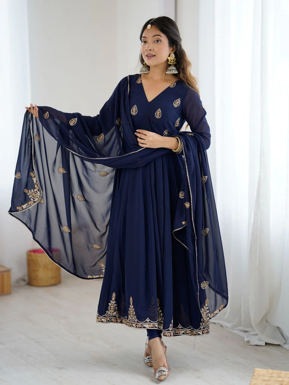 Odette Navy Blue Georgette Embroidered Stitched Kurta Set For Women - Image 2
