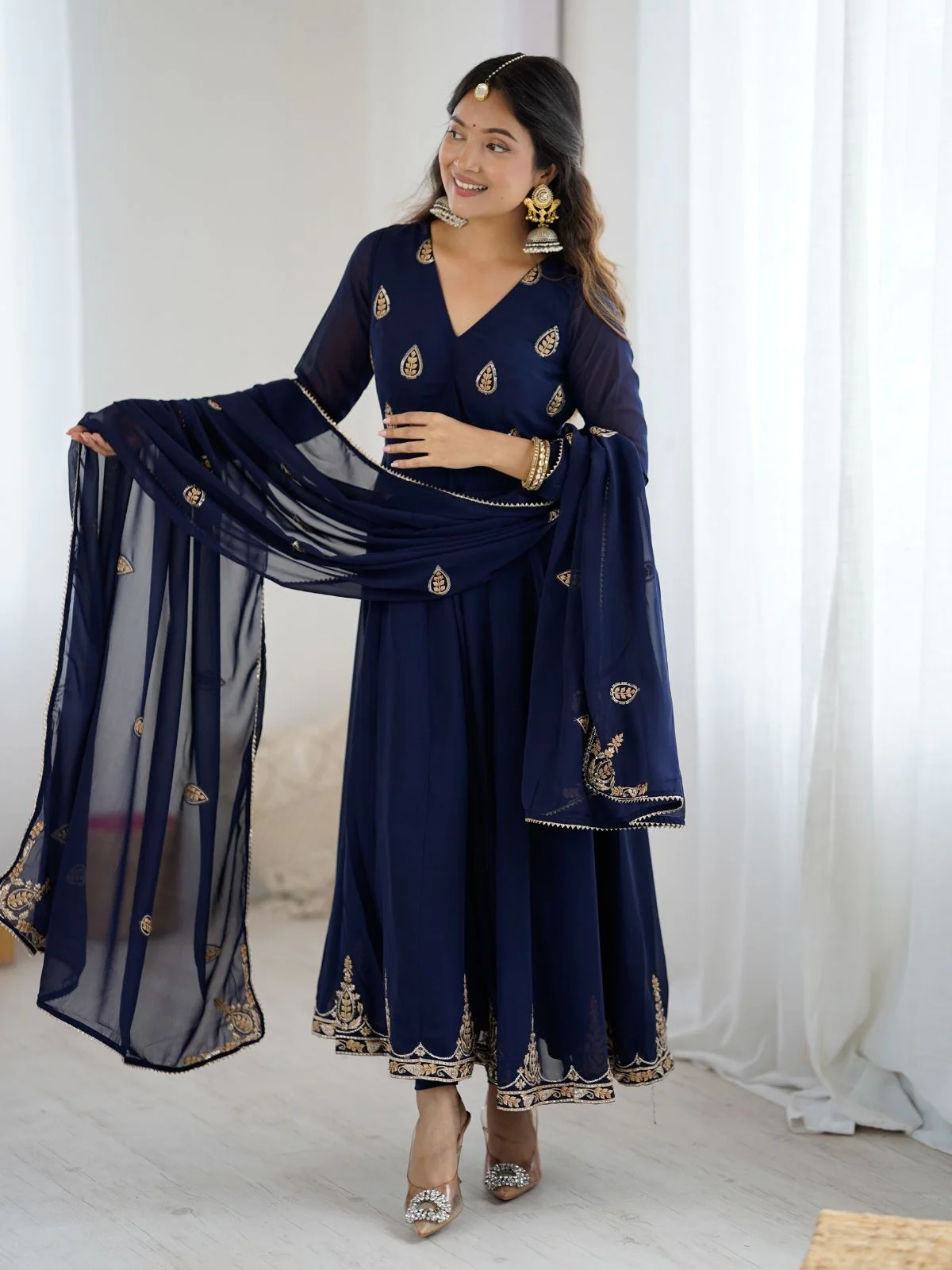 Odette Navy Blue Georgette Embroidered Stitched Kurta Set For Women - Image 3