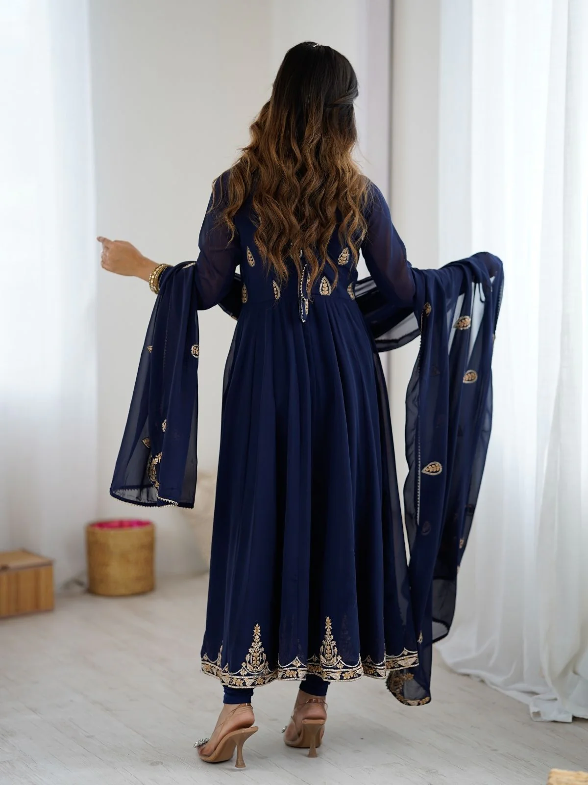 Odette Navy Blue Georgette Embroidered Stitched Kurta Set For Women - Image 4