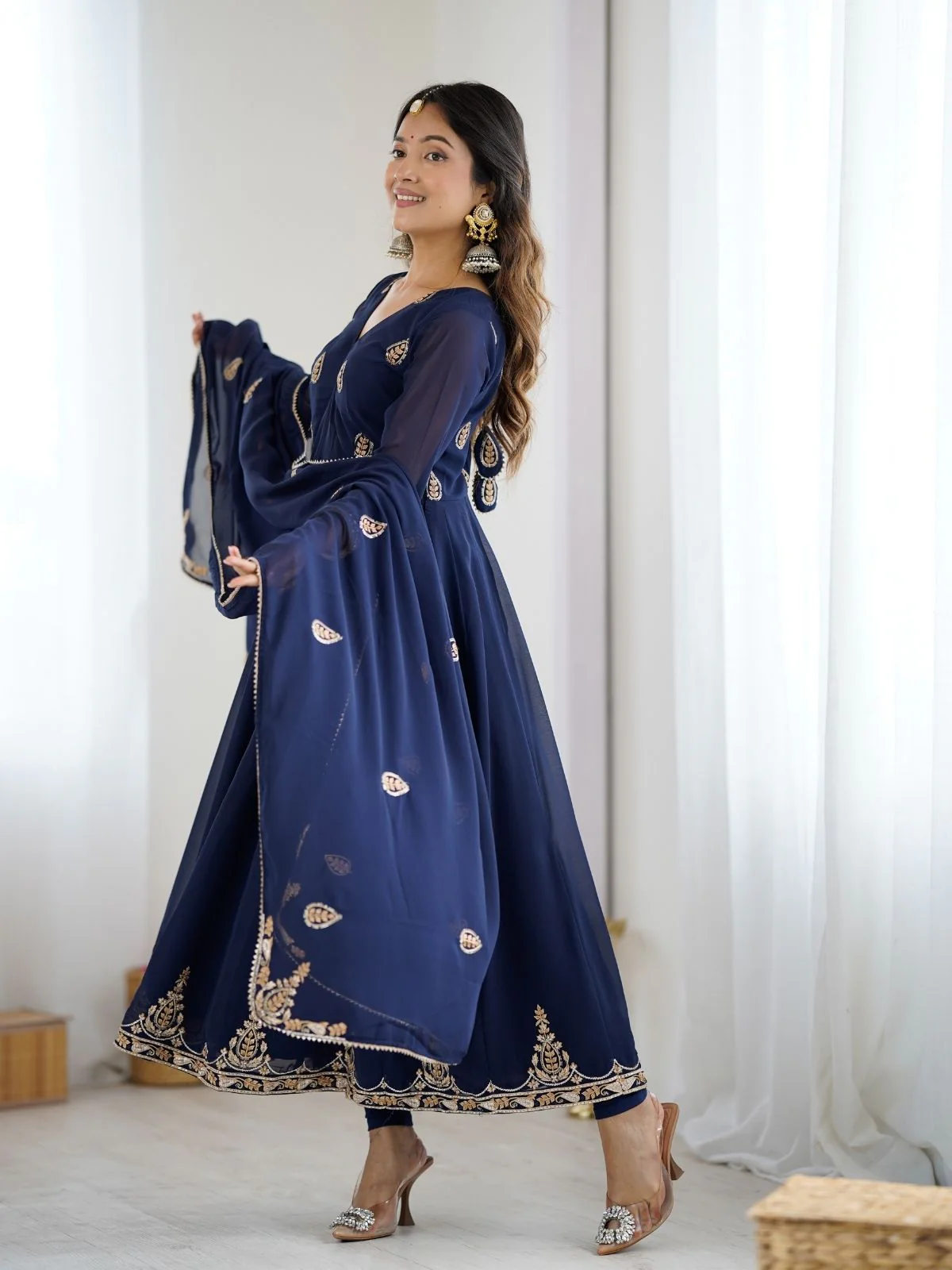 Odette Navy Blue Georgette Embroidered Stitched Kurta Set For Women - Image 7