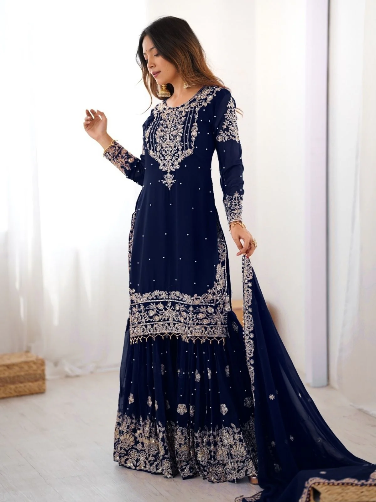 Odette Navy Blue Georgette Embroidered Stitched Kurta Set For Women - Image 4