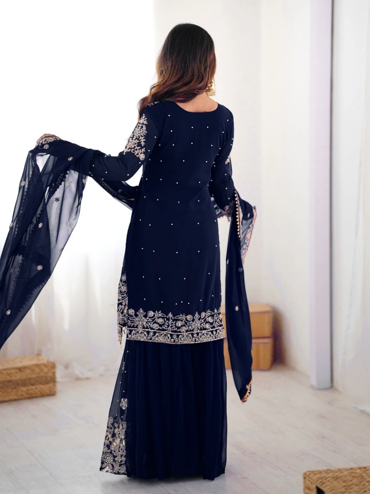 Odette Navy Blue Georgette Embroidered Stitched Kurta Set For Women - Image 5