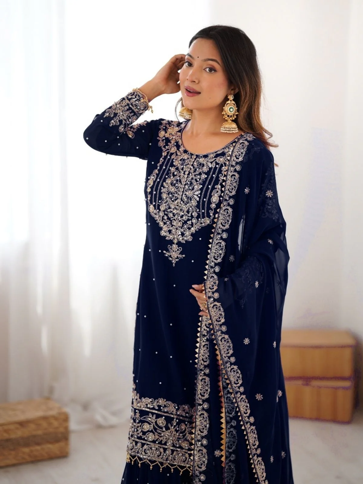 Odette Navy Blue Georgette Embroidered Stitched Kurta Set For Women - Image 6