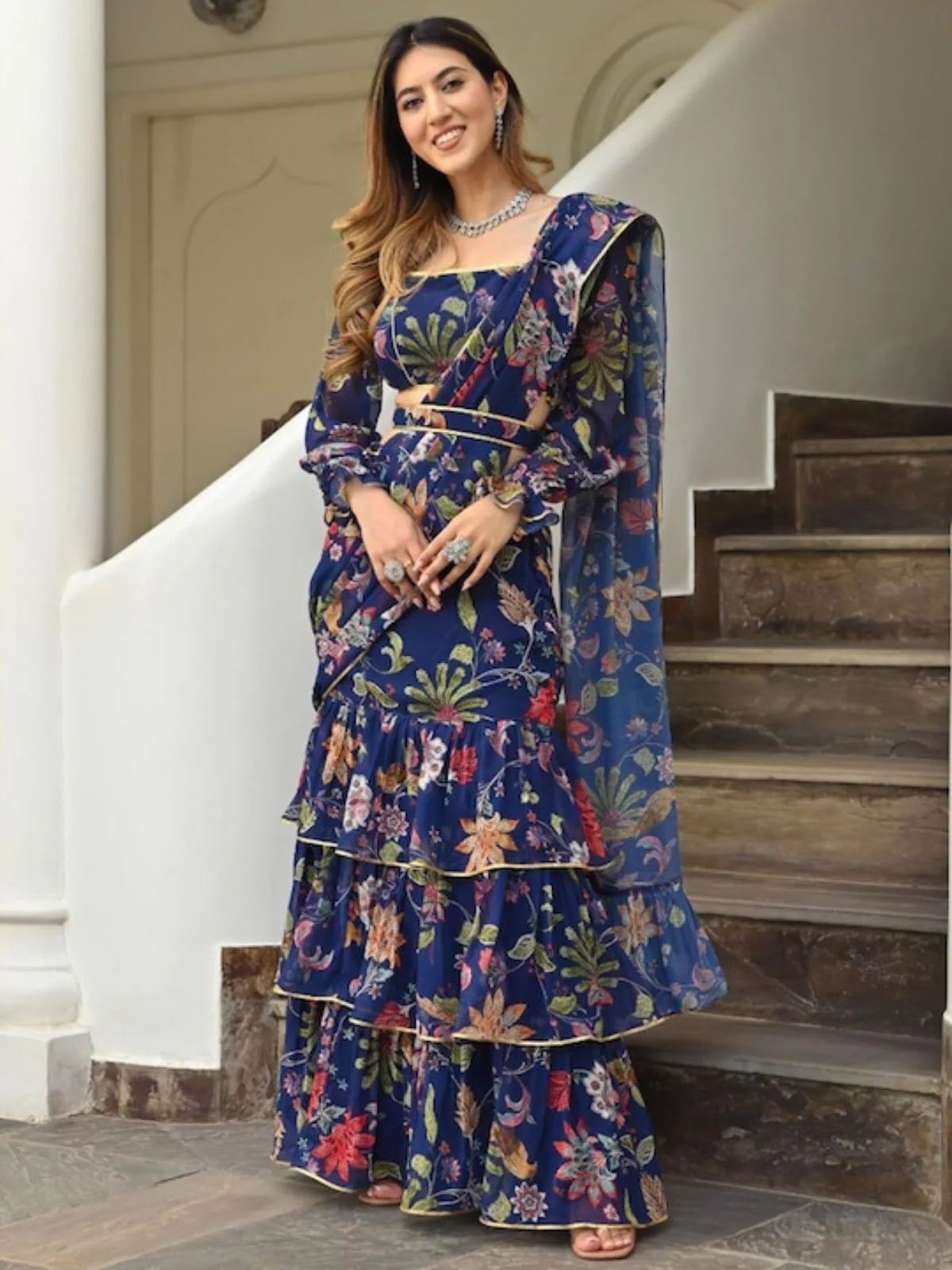 Odette Navy Blue Georgette Printed Saree with Stitched Blouse for Women - Image 3