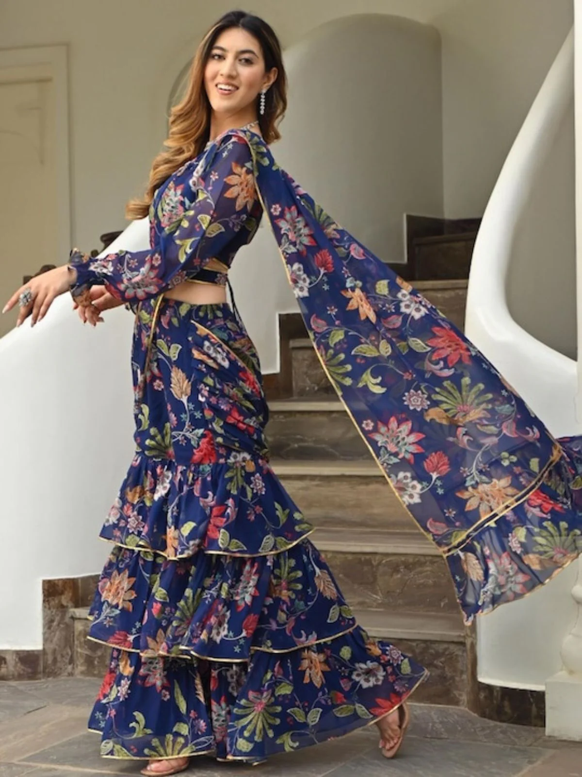 Odette Navy Blue Georgette Printed Saree with Stitched Blouse for Women - Image 4