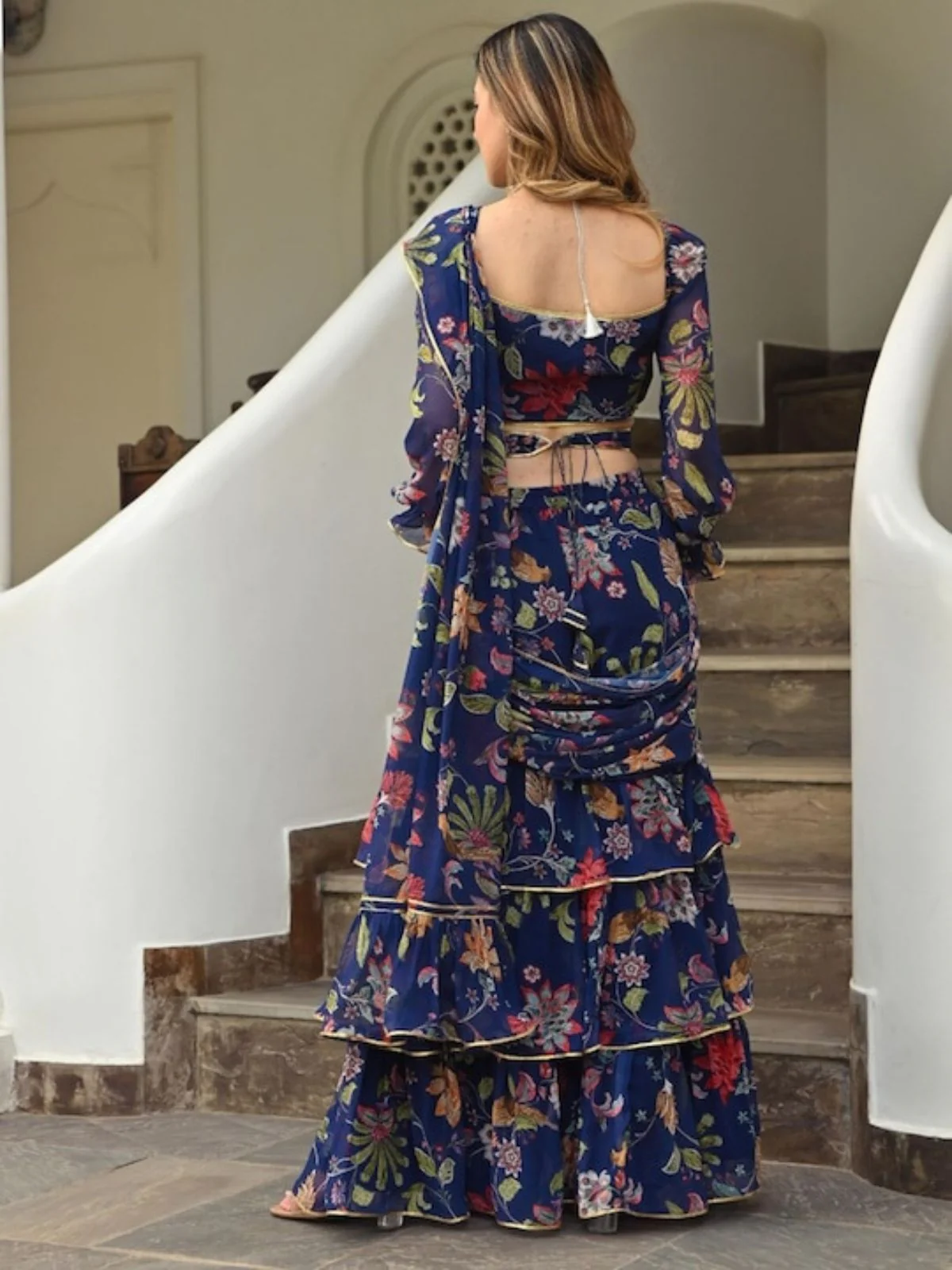 Odette Navy Blue Georgette Printed Saree with Stitched Blouse for Women - Image 5