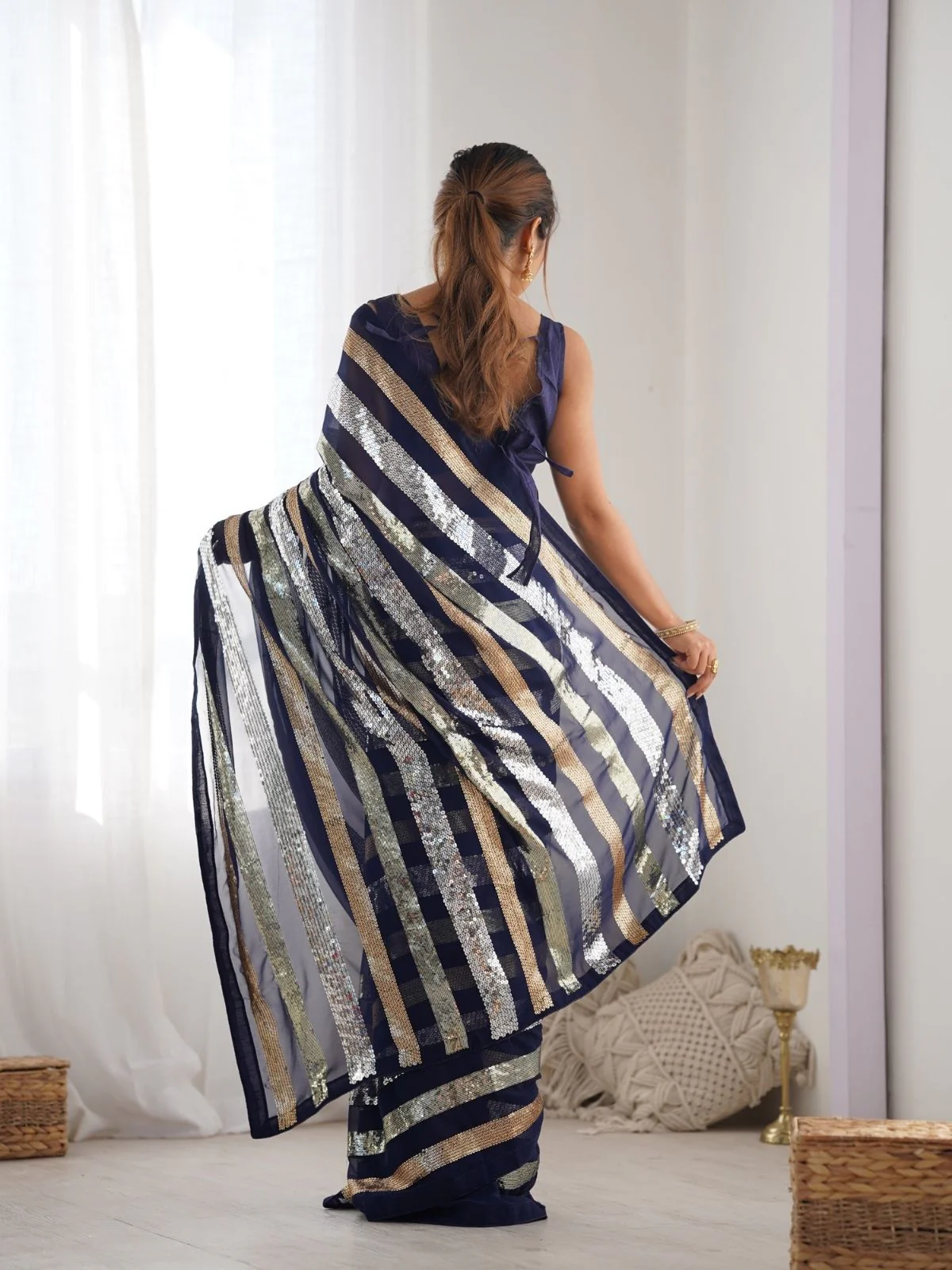 Odette Navy Blue Georgette Sequins Saree With Unstitched Blouse For Women - Image 5