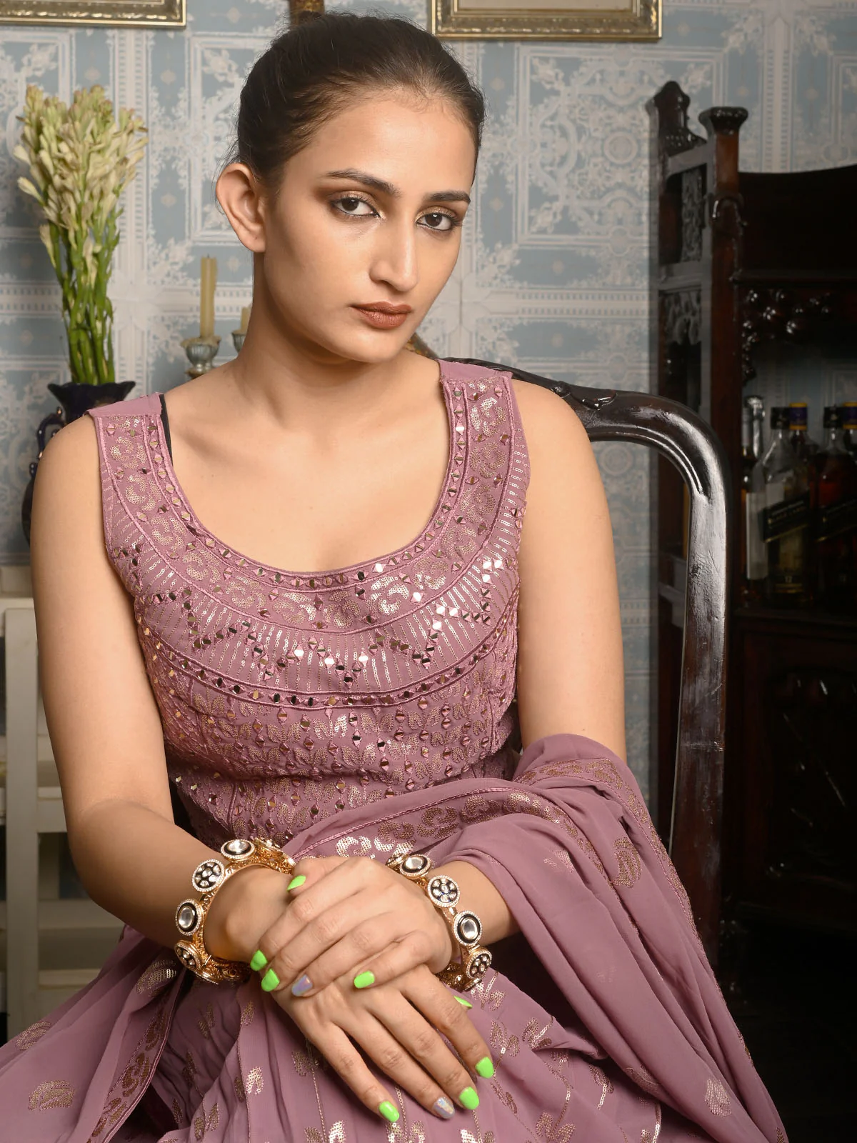 Odette Navy Blue Gold Plated Kundan Bangles For Women - Image 2