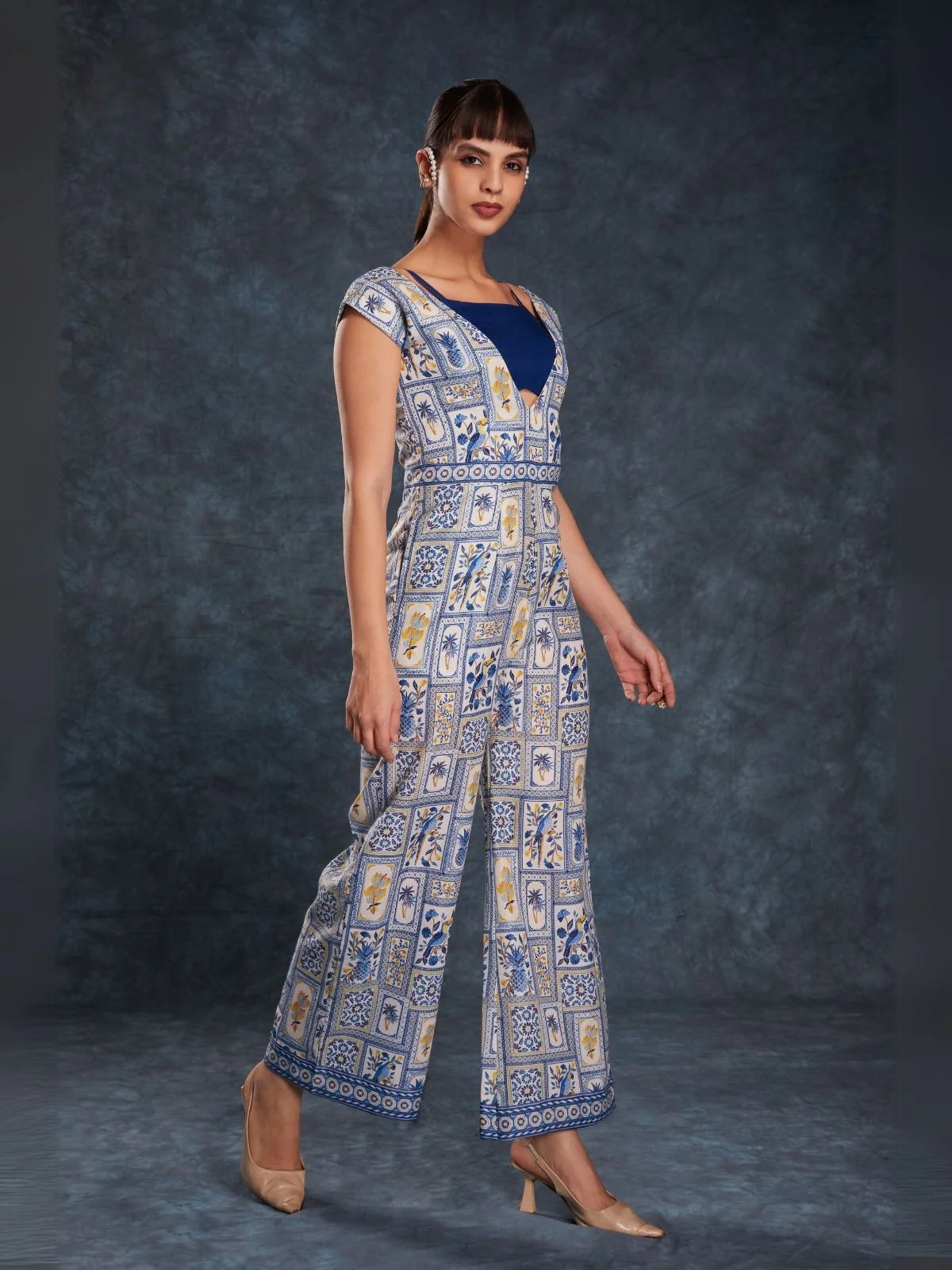 Odette Navy Blue Linen Printed Stitched Co-Ord Set For Women - Image 3