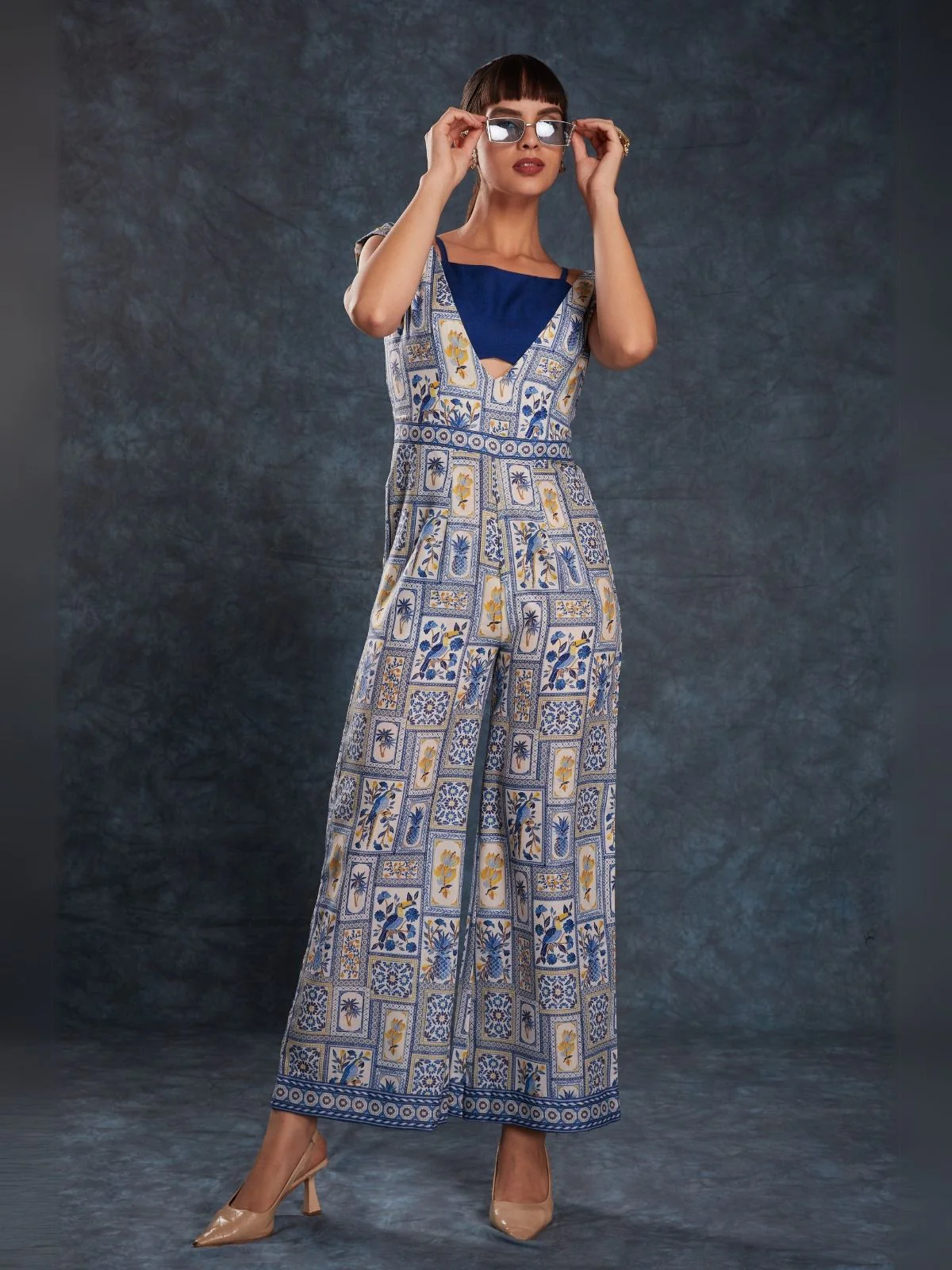 Odette Navy Blue Linen Printed Stitched Co-Ord Set For Women - Image 4