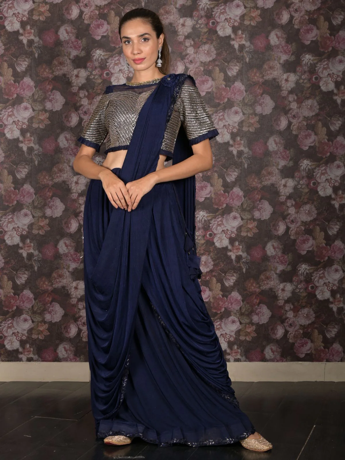 Odette Navy Blue Lycra Embellished Ready-To-Wear Saree With Stitched Blouse For Women