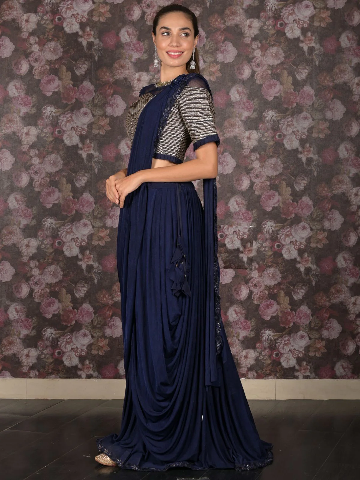 Odette Navy Blue Lycra Embellished Ready-To-Wear Saree With Stitched Blouse For Women - Image 3