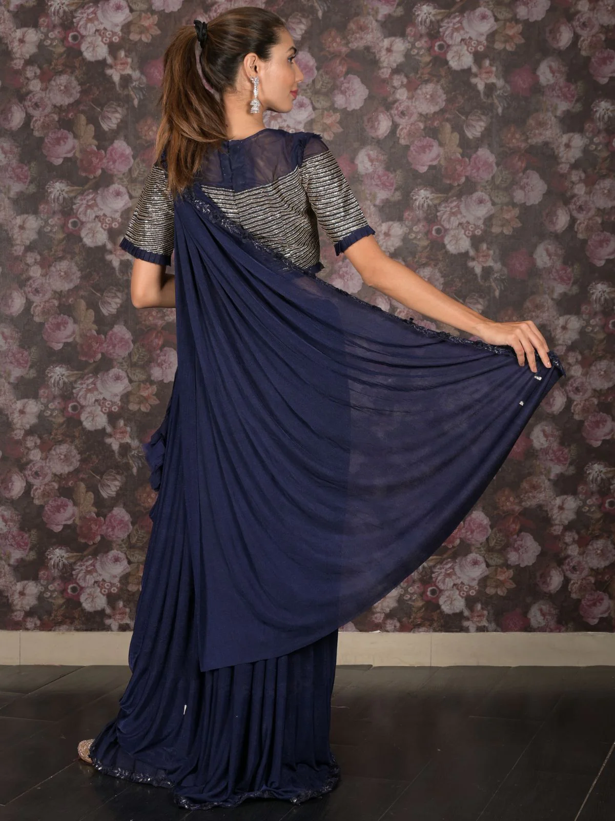 Odette Navy Blue Lycra Embellished Ready-To-Wear Saree With Stitched Blouse For Women - Image 4