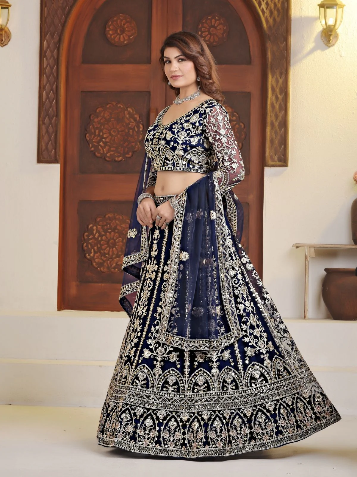 Odette Navy Blue Net Embellished Semi Stitched Lehenga For Women - Image 2