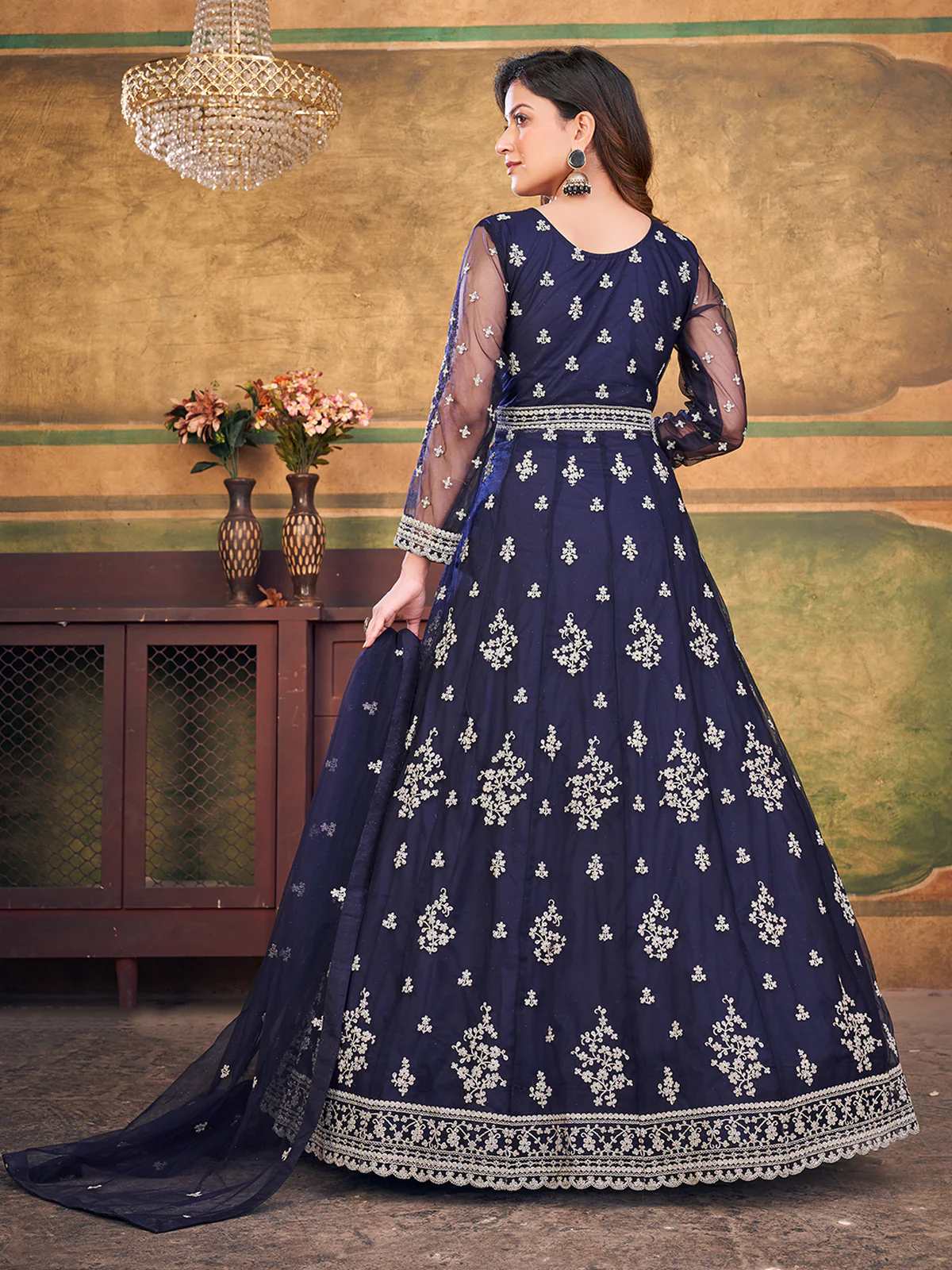 Odette Navy Blue Net Embroidered Semi stitched Kurta Set with Inner For Women - Image 3