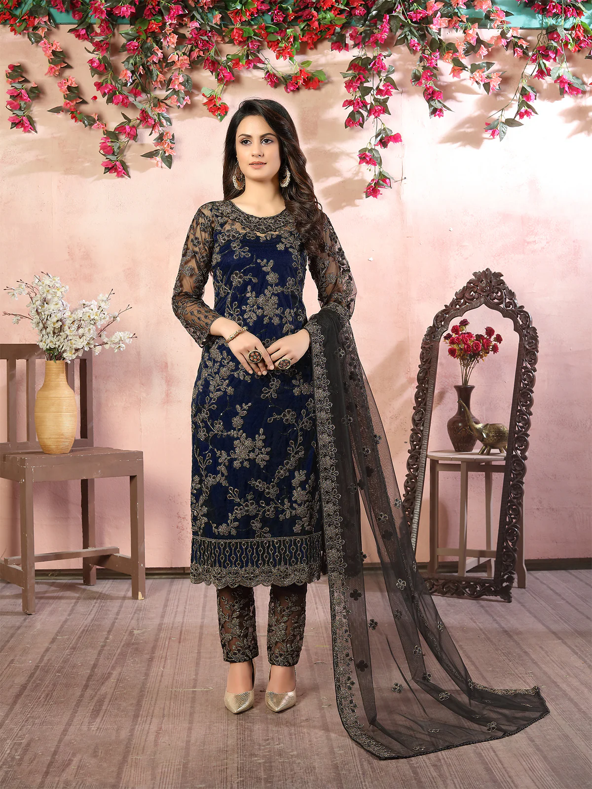 Odette Navy Blue Net Embroidered Semi stitched Kurta Set with Inner For Women - Image 3