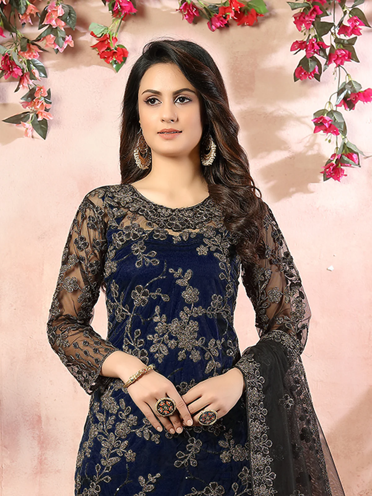 Odette Navy Blue Net Embroidered Semi stitched Kurta Set with Inner For Women - Image 4