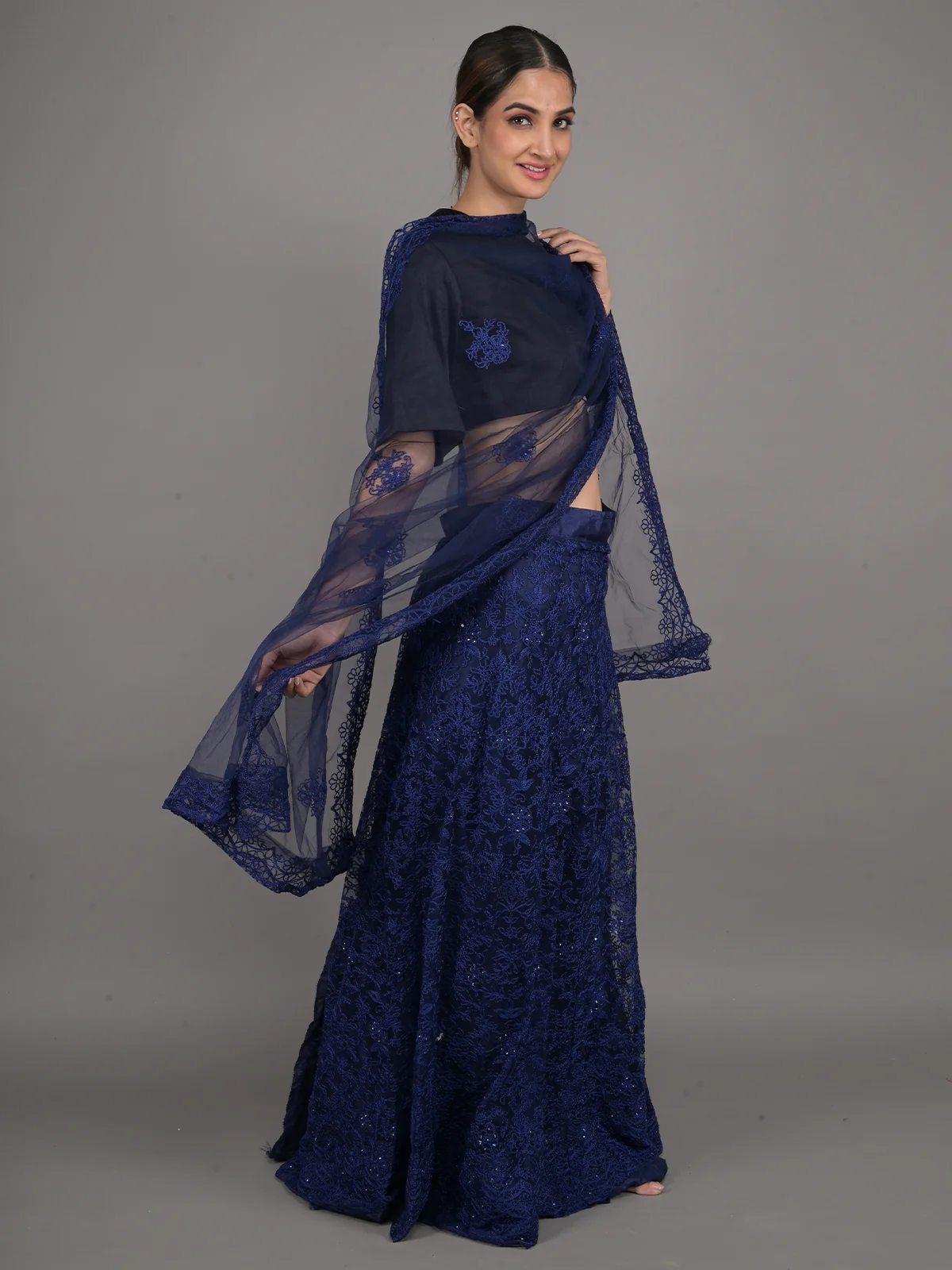 Odette Navy Blue Net Semi Stitched Lehenga With Unstitched Blouse For Women - Image 2