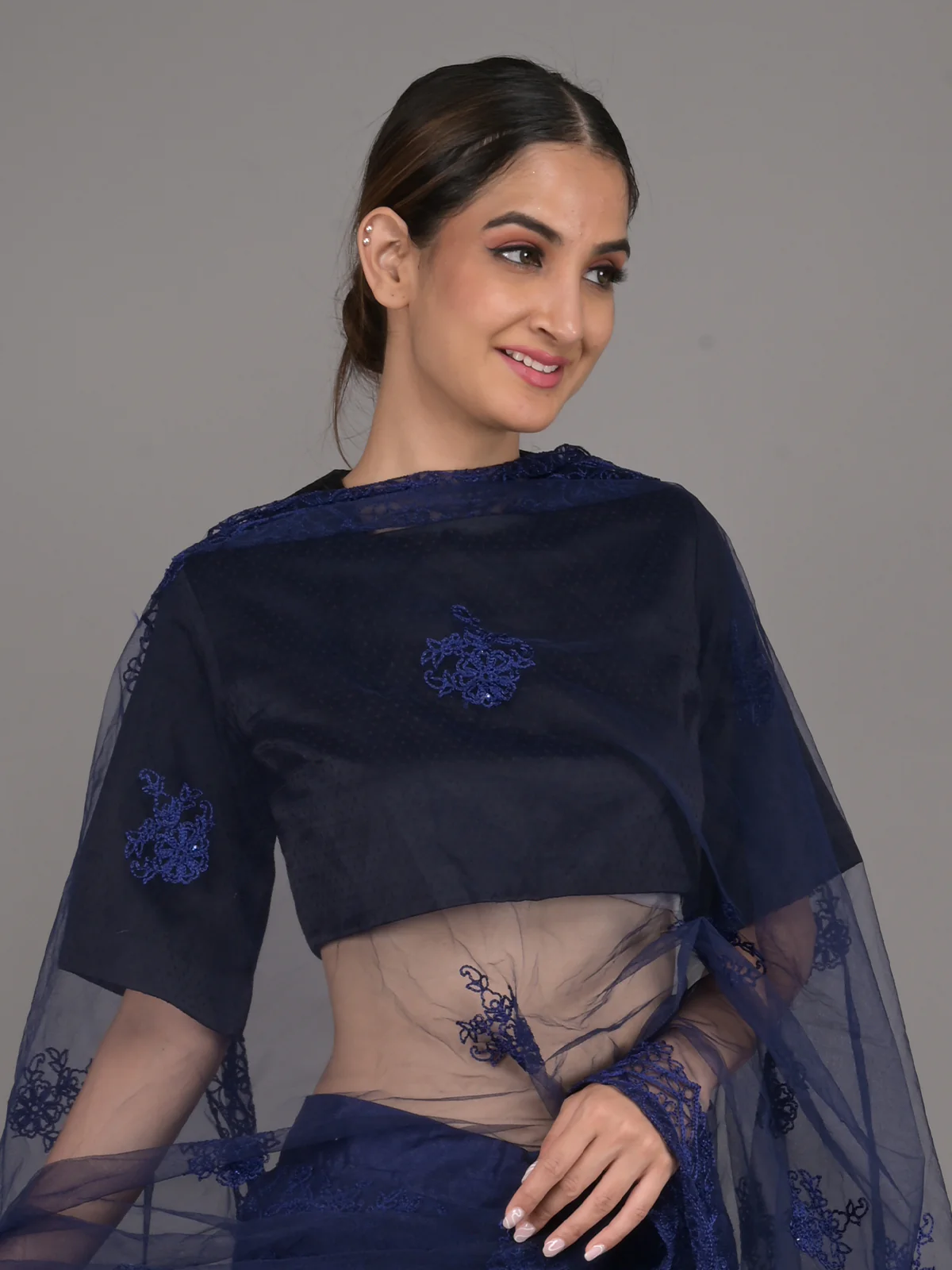 Odette Navy Blue Net Semi Stitched Lehenga With Unstitched Blouse For Women - Image 4