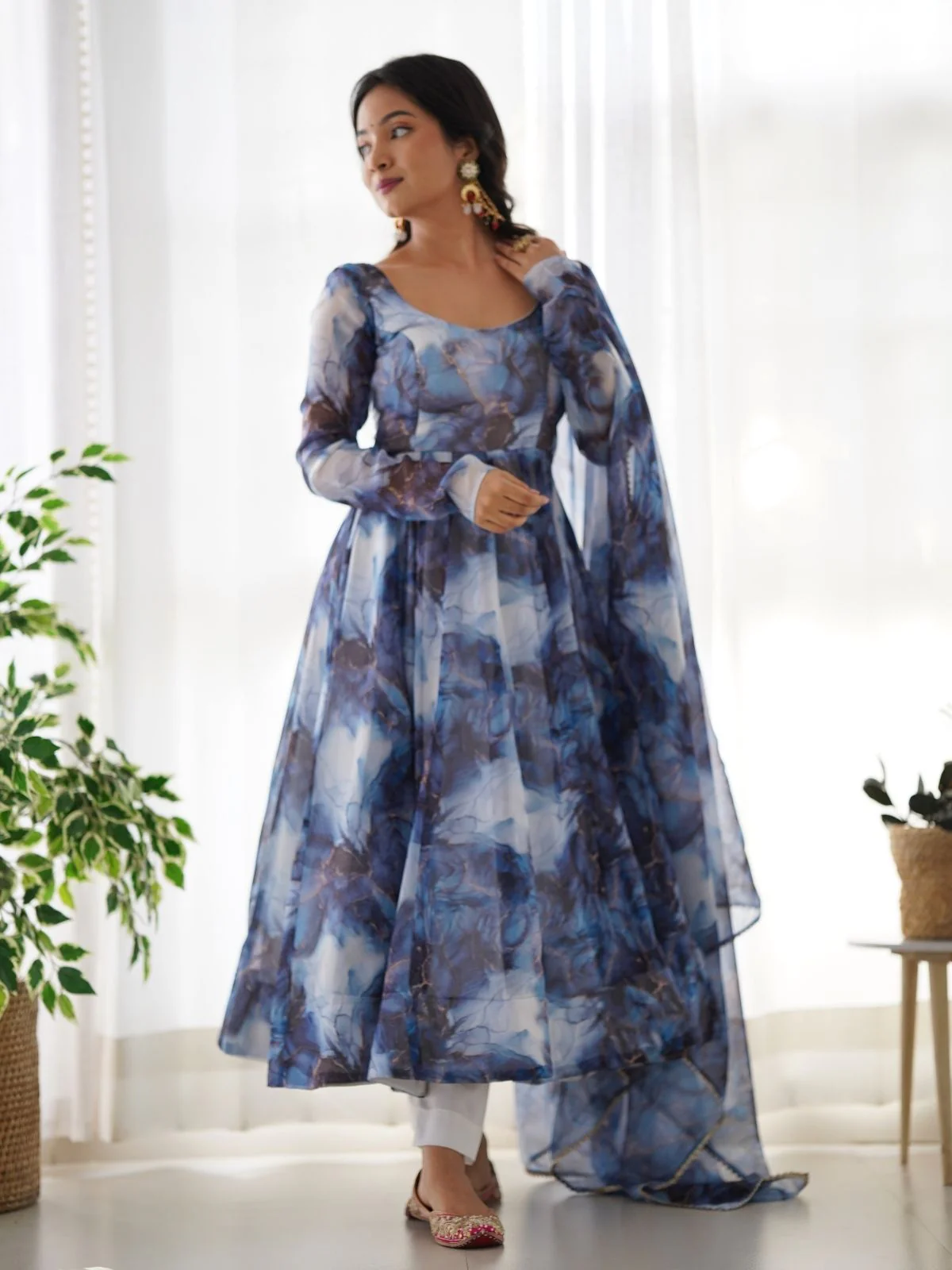 Odette Navy Blue Organza Silk Floral Digital Print Stitched Kurta Set For Women - Image 2