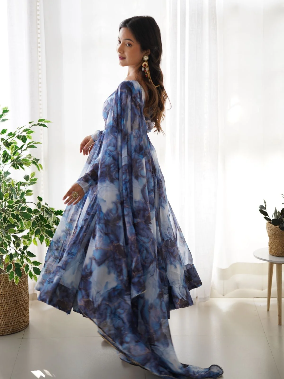 Odette Navy Blue Organza Silk Floral Digital Print Stitched Kurta Set For Women - Image 3