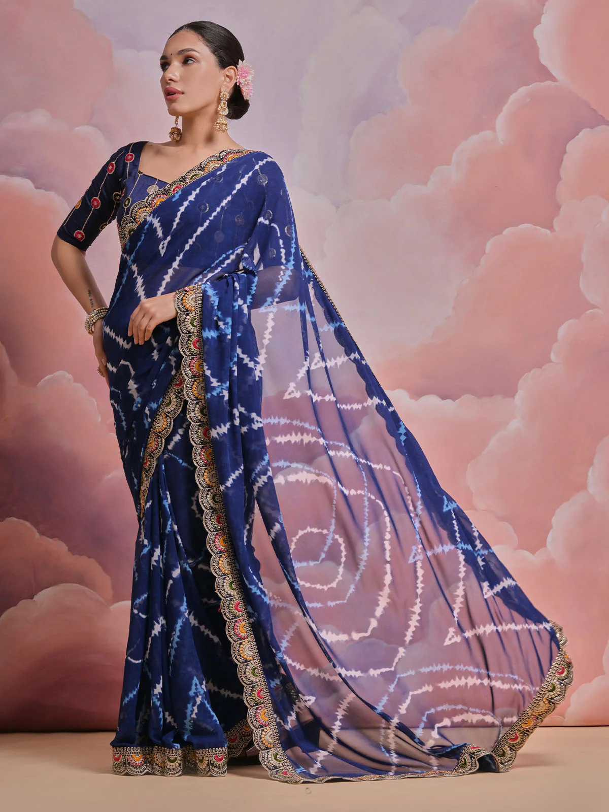 Odette Navy Blue Printed Georgette Saree With Unstitched Blouse For Women - Image 2