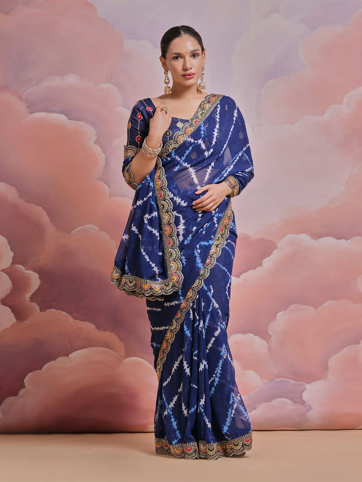 Odette Navy Blue Printed Georgette Saree With Unstitched Blouse For Women - Image 3