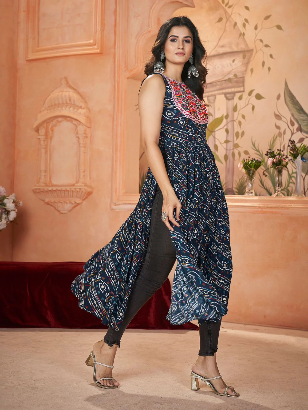 Odette Navy Blue Printed Rayon Stitched Kurti For Women - Image 2