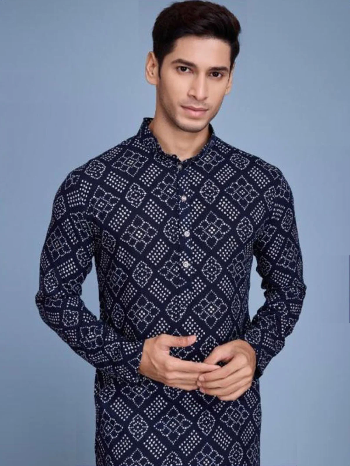 Odette Navy Blue Rayon Printed Stitched Kurta For Men - Image 2