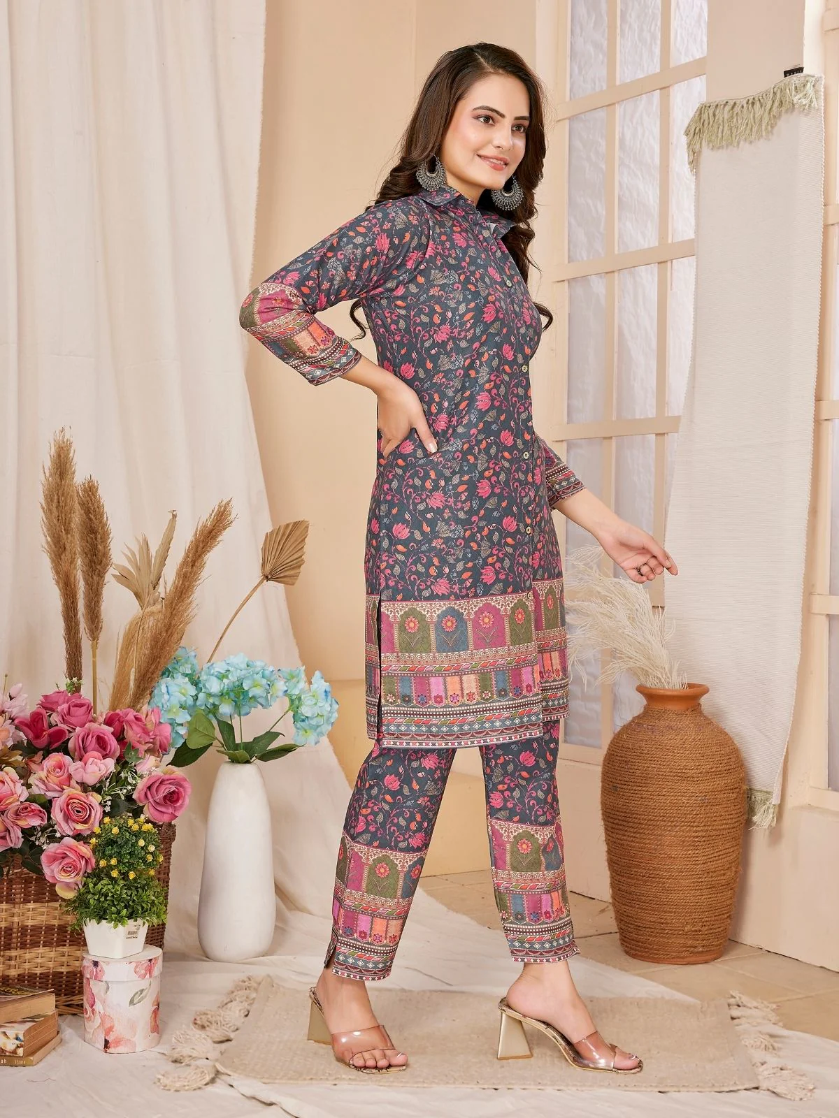 Odette Navy Blue Rayon Printed Semi-Stitched Co-Ord Set For Women - Image 2