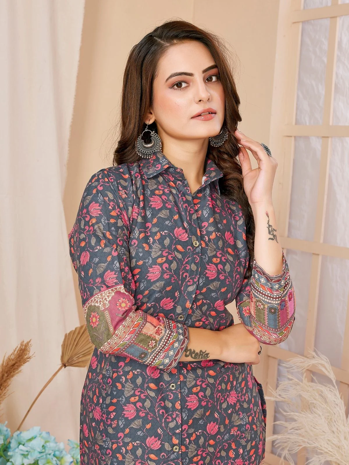 Odette Navy Blue Rayon Printed Semi-Stitched Co-Ord Set For Women - Image 3